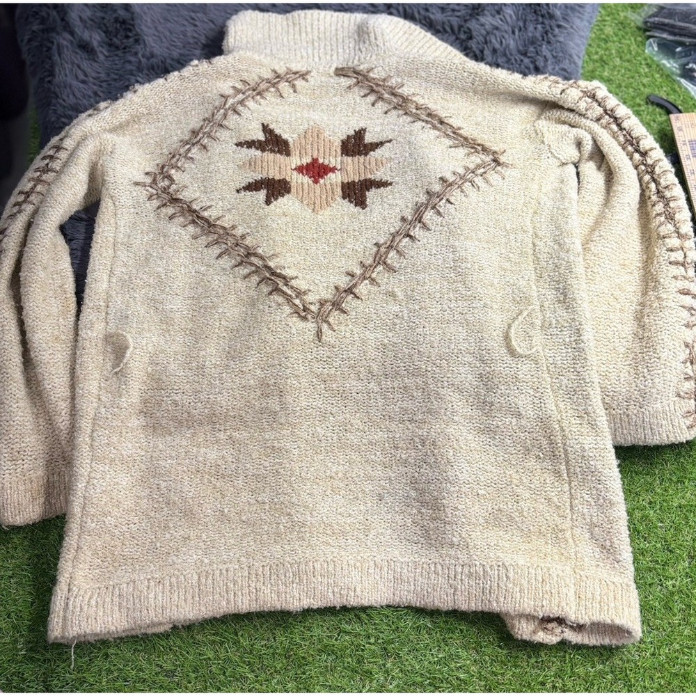 Vintage KENNINGTON Woman's Large Long Cardigan Tribal‎ Knit Oversized Beige